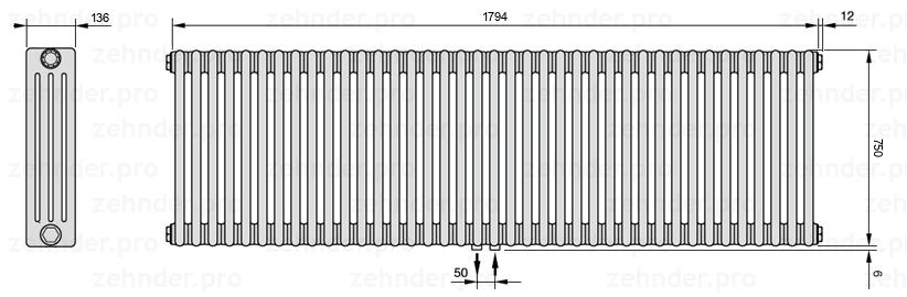 Схема (чертеж) Радиатор Zehnder Charleston 4075/39 №5410 Белый глянцевый RAL 9016